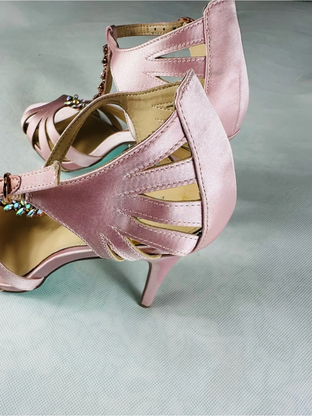 Betsey Johnson Rose Pink Satin Open-Toe Heels with Jeweled Ankle Detail
